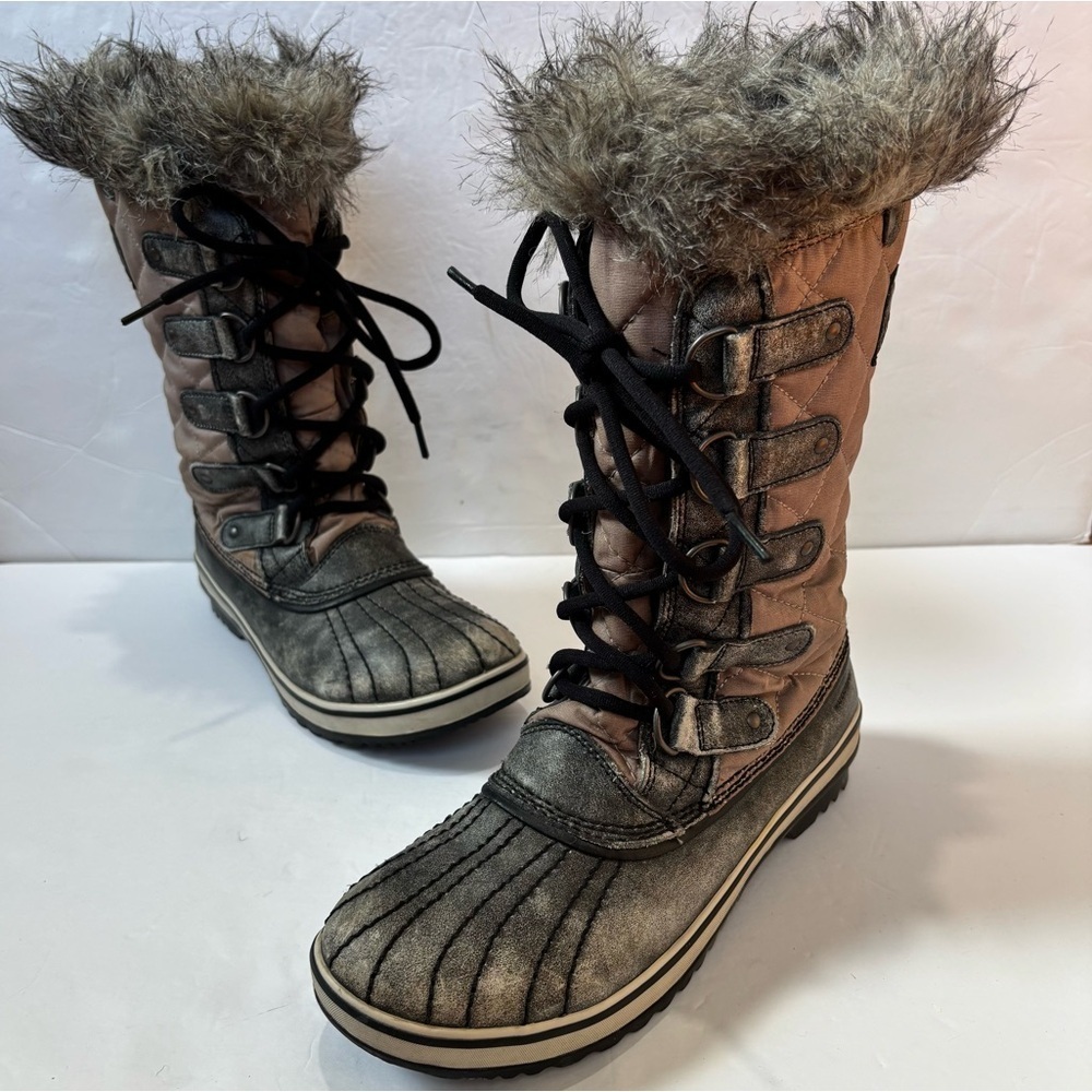 Sorel Tofino Gray Tan Waxed Canvas Leather outdoor Waterproof Snow Boots Sz 8.5